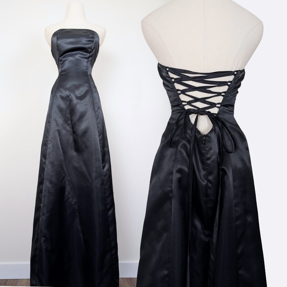 Black Strapless Prom Maxi Dress Petticoat Lace Up Corset Sleeveless Tube Top - Picture 1 of 13